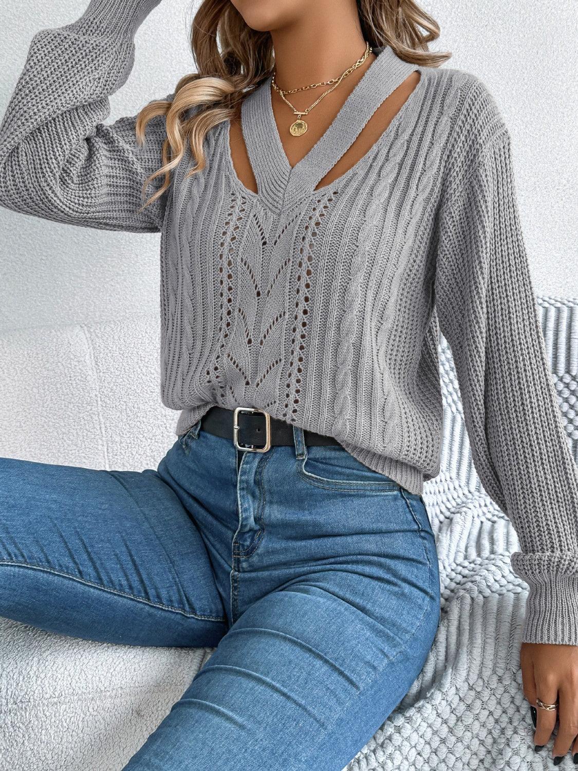 Cutout V-Neck Long Sleeve Sweater - Bona Fide Fashion