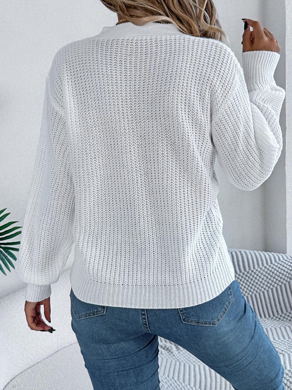 Cutout V-Neck Long Sleeve Sweater - Bona Fide Fashion