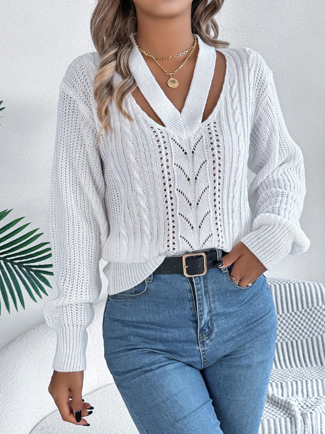 Cutout V-Neck Long Sleeve Sweater - Bona Fide Fashion