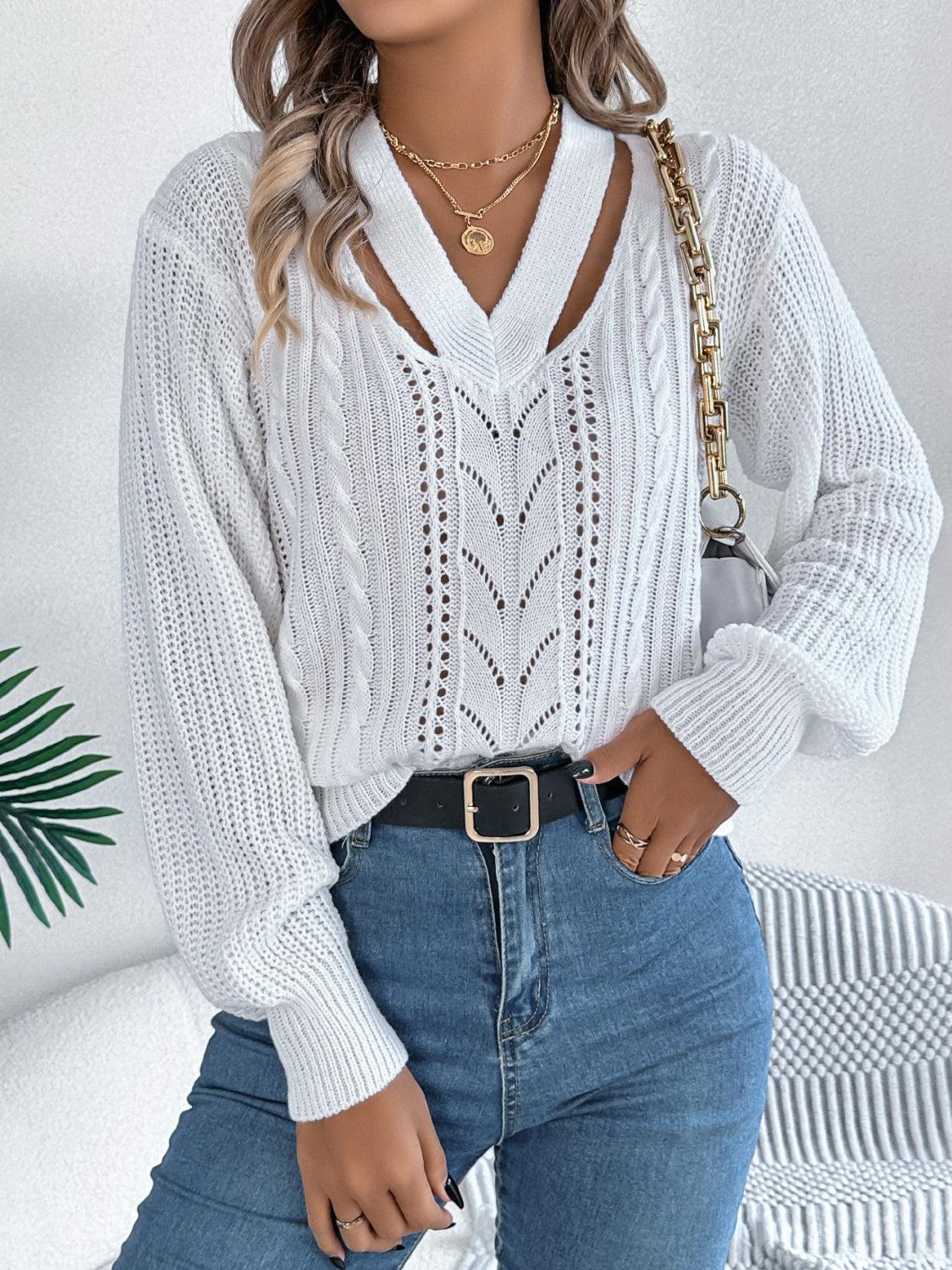 Cutout V-Neck Long Sleeve Sweater - Bona Fide Fashion