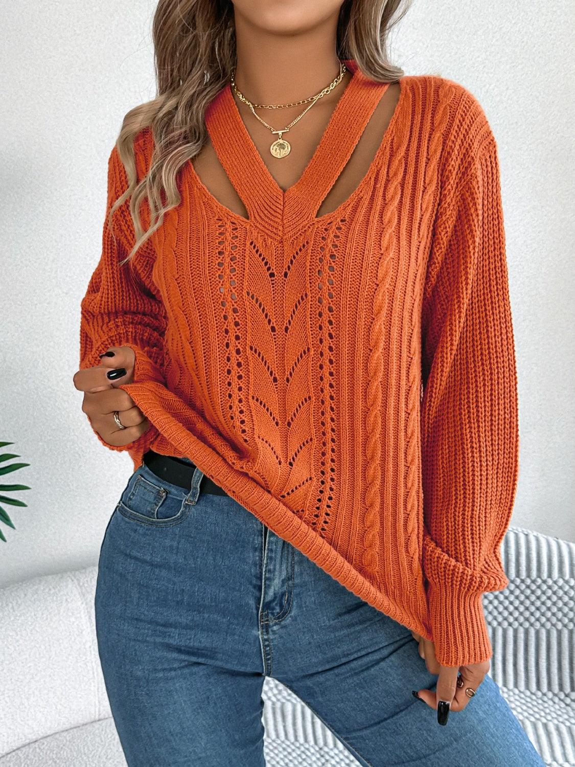 Cutout V-Neck Long Sleeve Sweater - Bona Fide Fashion