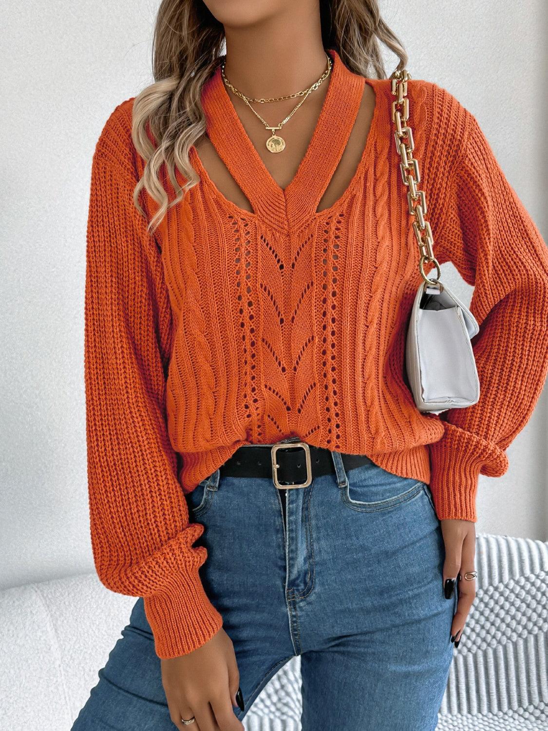 Cutout V-Neck Long Sleeve Sweater - Bona Fide Fashion