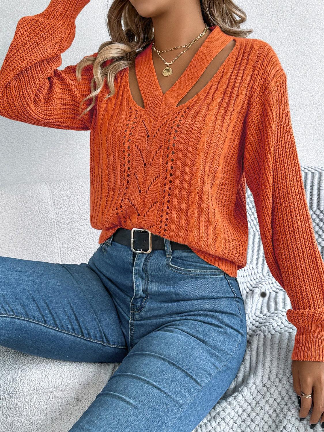 Cutout V-Neck Long Sleeve Sweater - Bona Fide Fashion