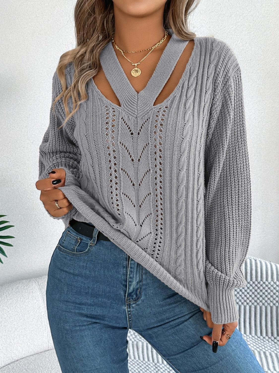 Cutout V-Neck Long Sleeve Sweater - Bona Fide Fashion