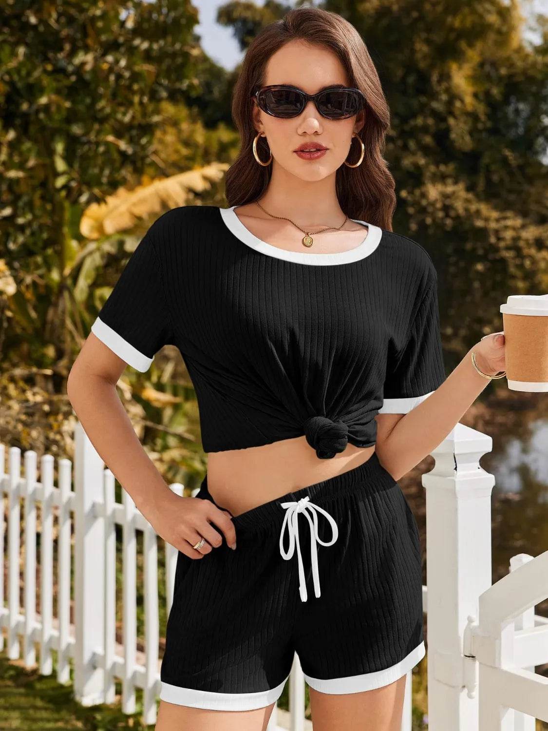 Ribbed Short Sleeve Top and Shorts Set - Bona Fide Fashion