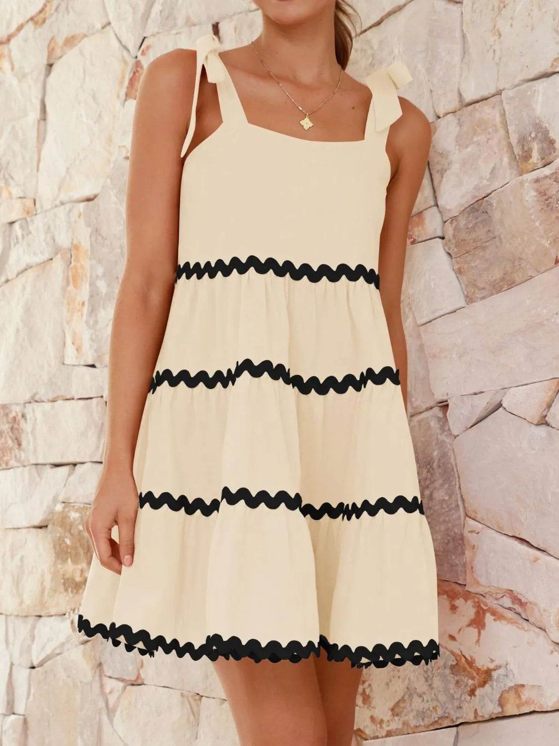 Contrast Trim Tie Shoulder Dress - Bona Fide Fashion