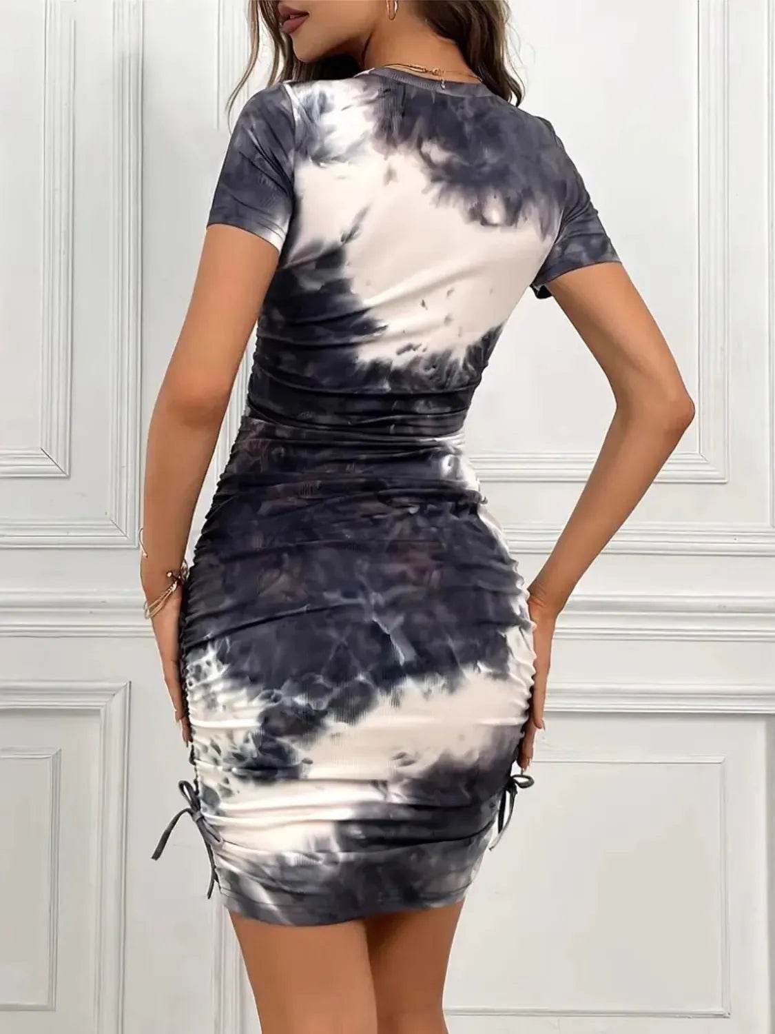 Drawstring Tie-Dye Round Neck Short Sleeve Dress - Bona Fide Fashion