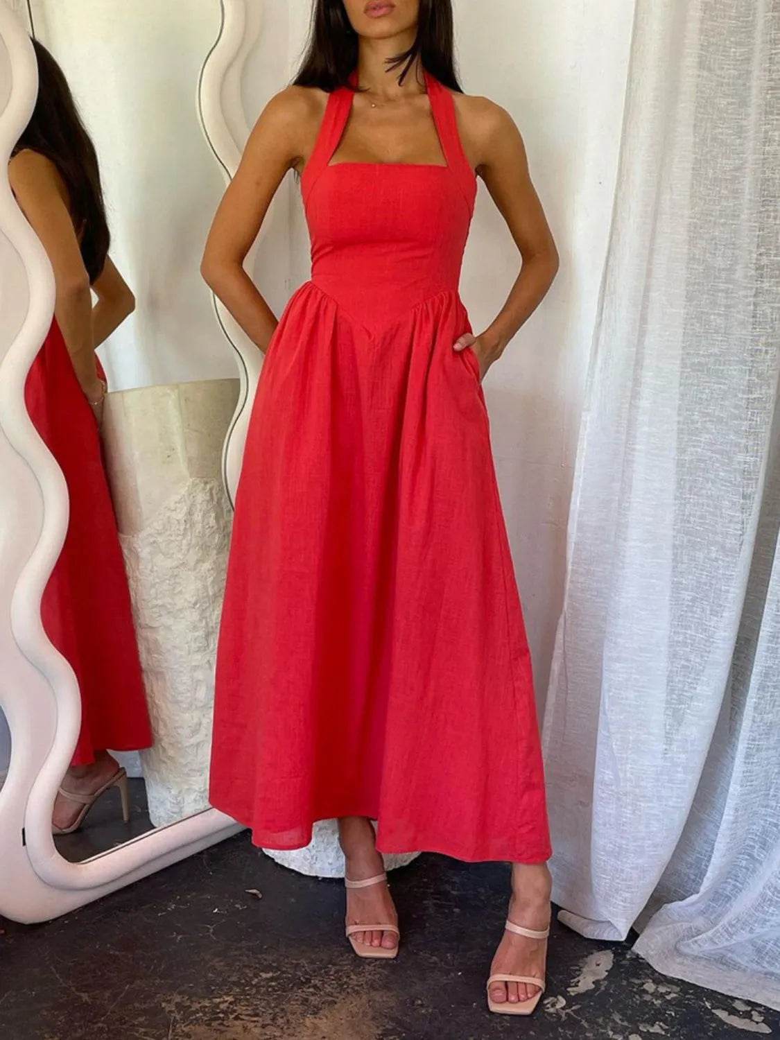 Devine Ruched Halter Neck Midi Dress - Bona Fide Fashion