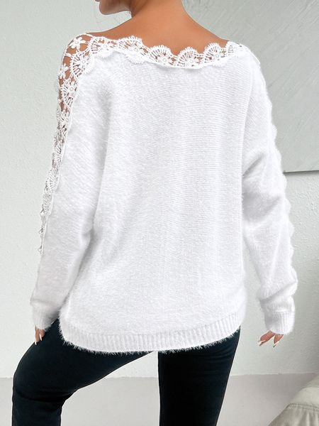 Women's Solid Color Contract Lace Boat Neck Long Sleeve Sweater H7EPBPYST6