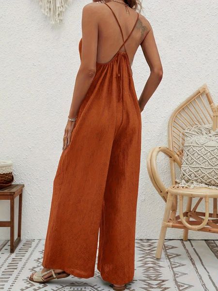 Solid Color Sleeveless Jumpsuits Long Pants with Pockets  HEHW3T2XD2