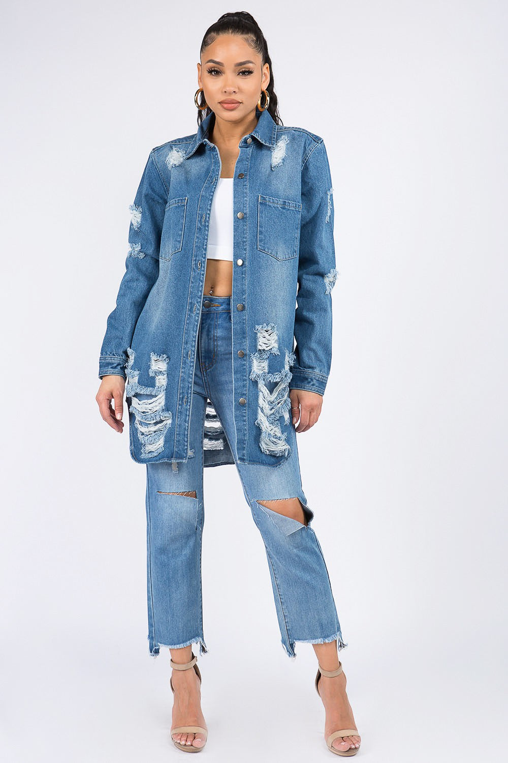 Denim Shirt Jacket | American Bazi Distressed Button Down - Bona Fide Fashion