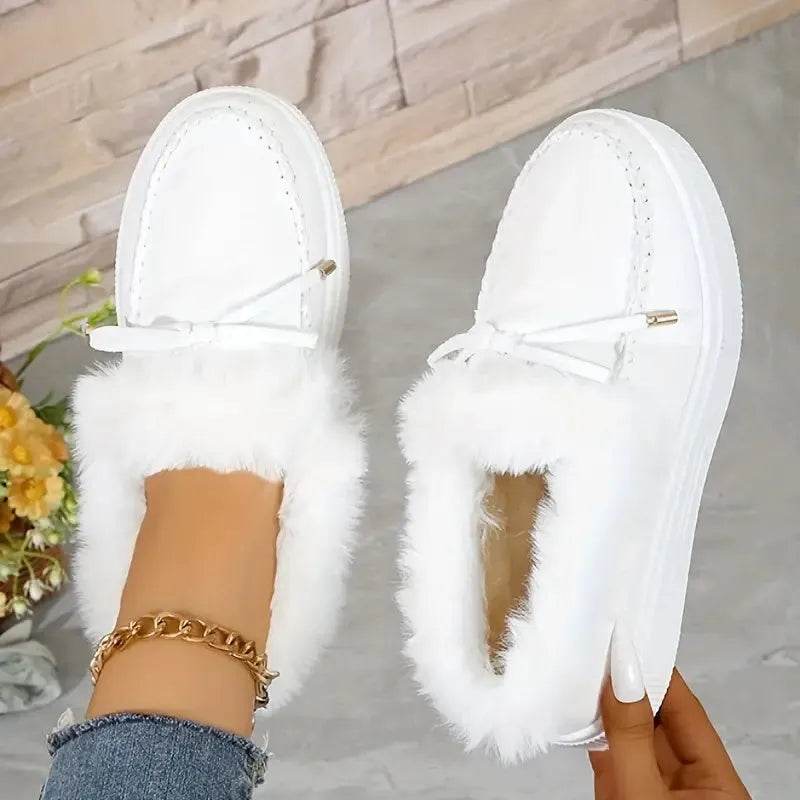 Bow Furry Round Toe Flat Slip-Ons - Bona Fide Fashion