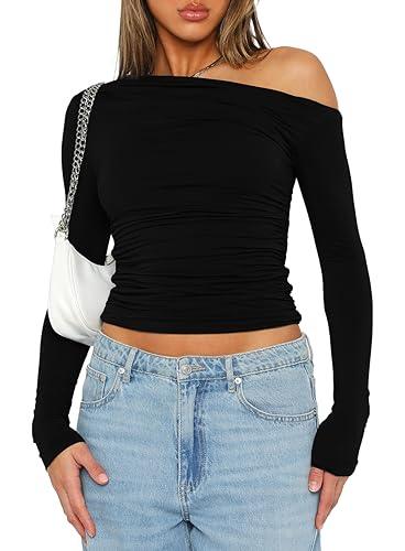 Darong Women's Casual Boat Neck Off Shoulder Long Sleeve Slim Fit Crop Top Going Out Shirts Y2K Tight T Shirts 9026 Black Medium - Bona Fide Fashion