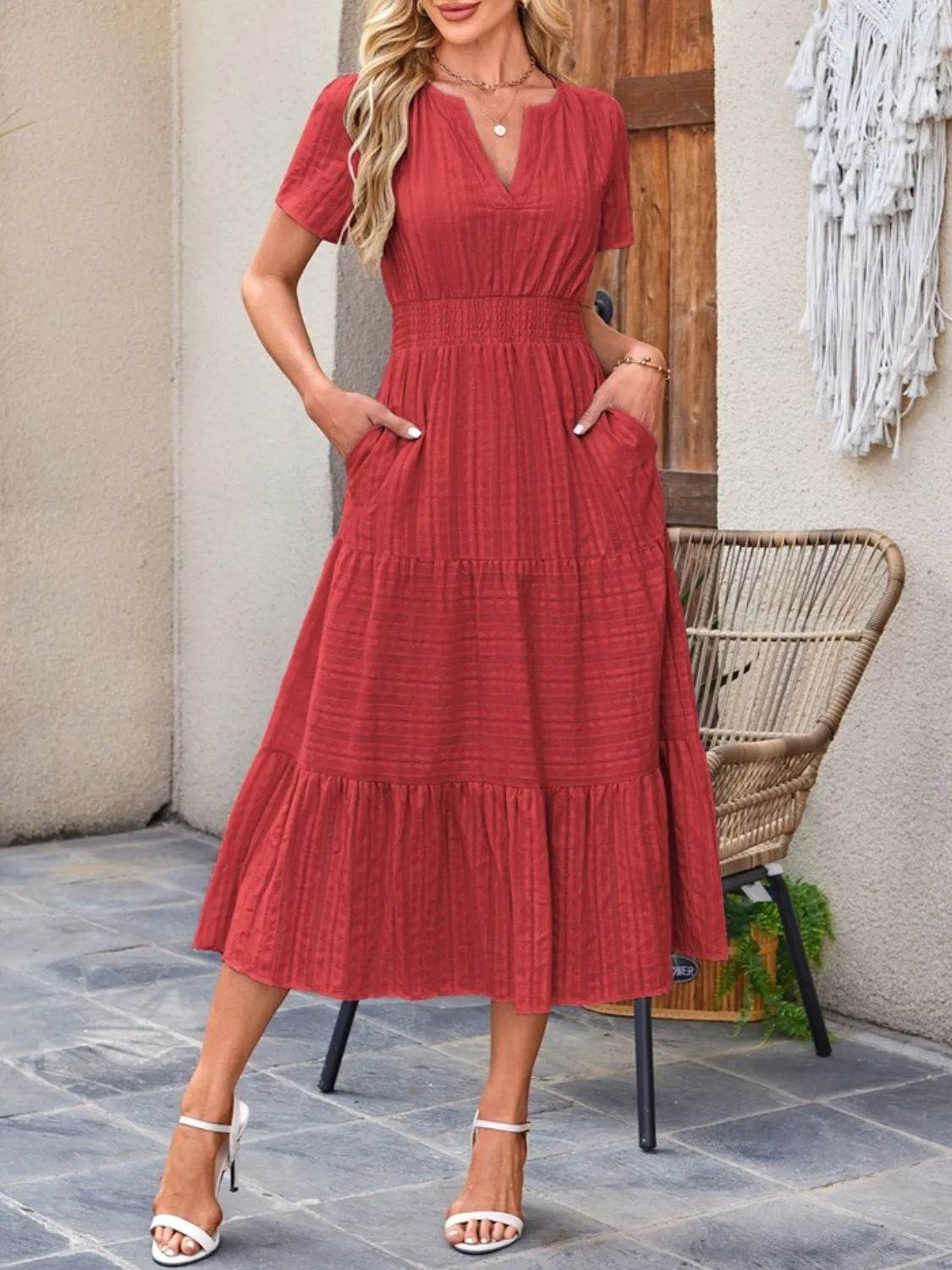 Tiered Notched Short Sleeve Dress - Bona Fide Fashion