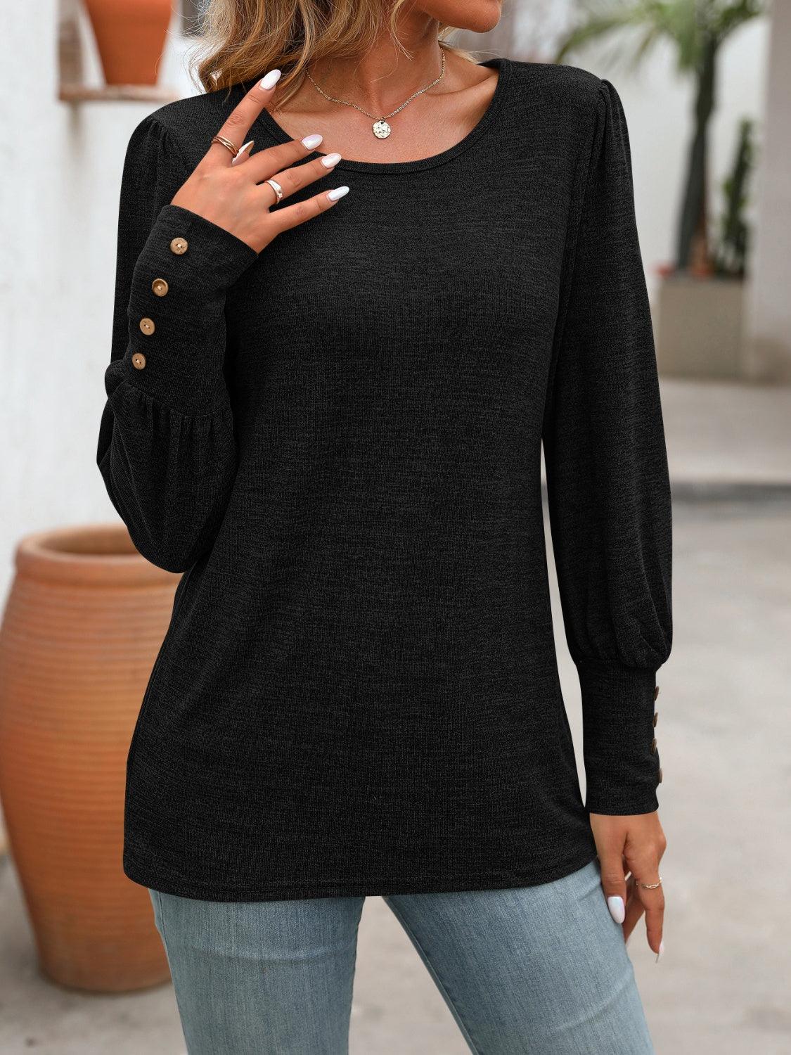 Decorative Button Round Neck Long Sleeve T-Shirt - Bona Fide Fashion