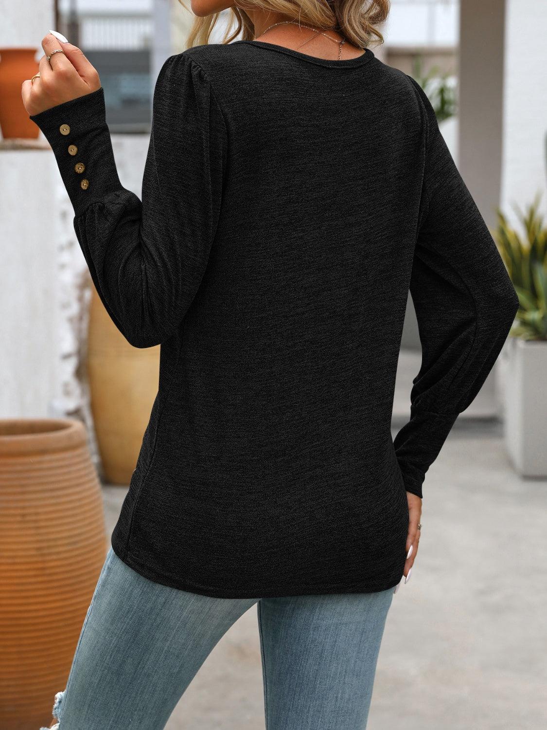 Decorative Button Round Neck Long Sleeve T-Shirt - Bona Fide Fashion