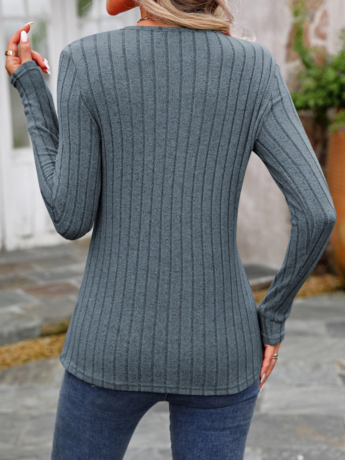 Decorative Button Round Neck Long Sleeve T-Shirt - Bona Fide Fashion