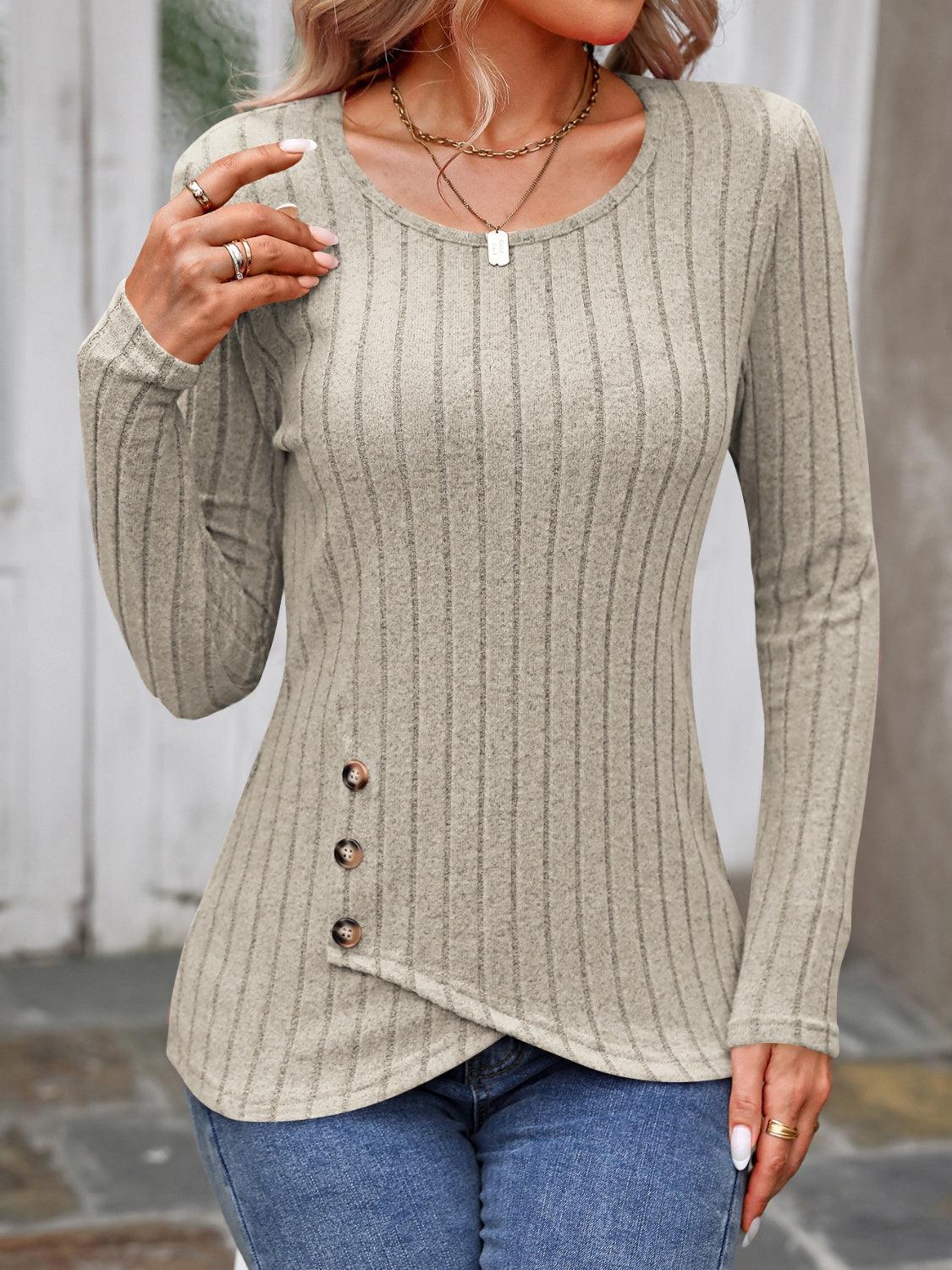 Decorative Button Round Neck Long Sleeve T-Shirt - Bona Fide Fashion