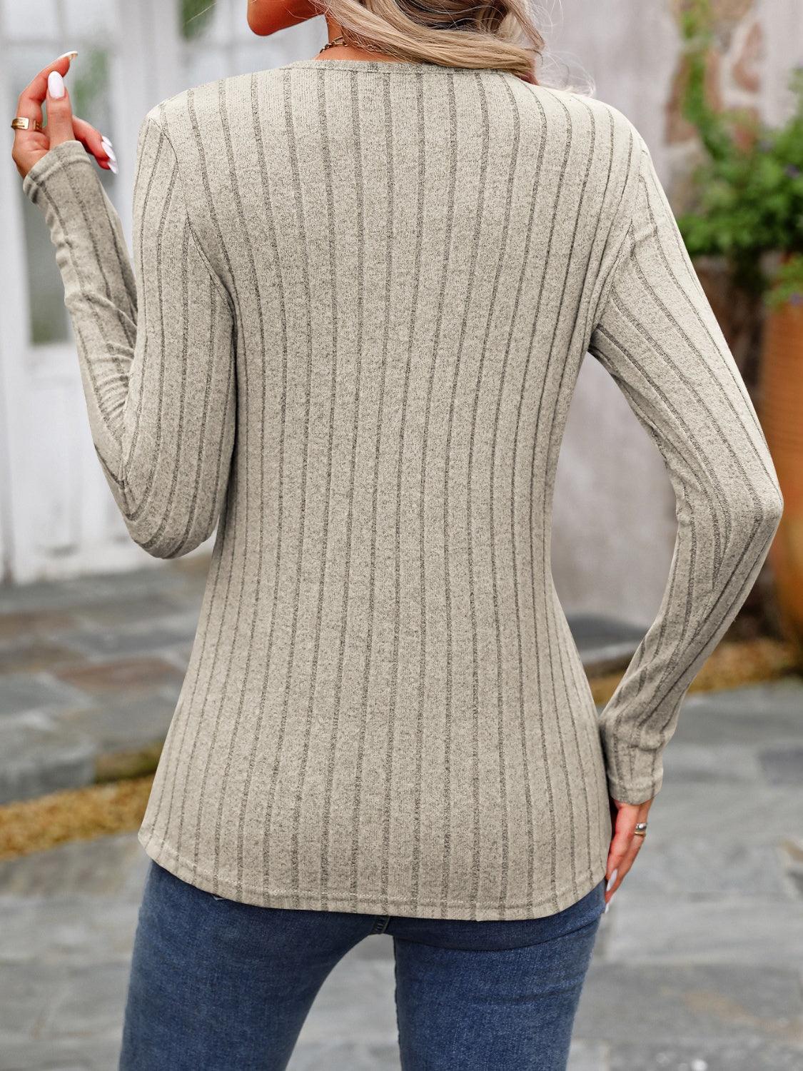 Decorative Button Round Neck Long Sleeve T-Shirt - Bona Fide Fashion