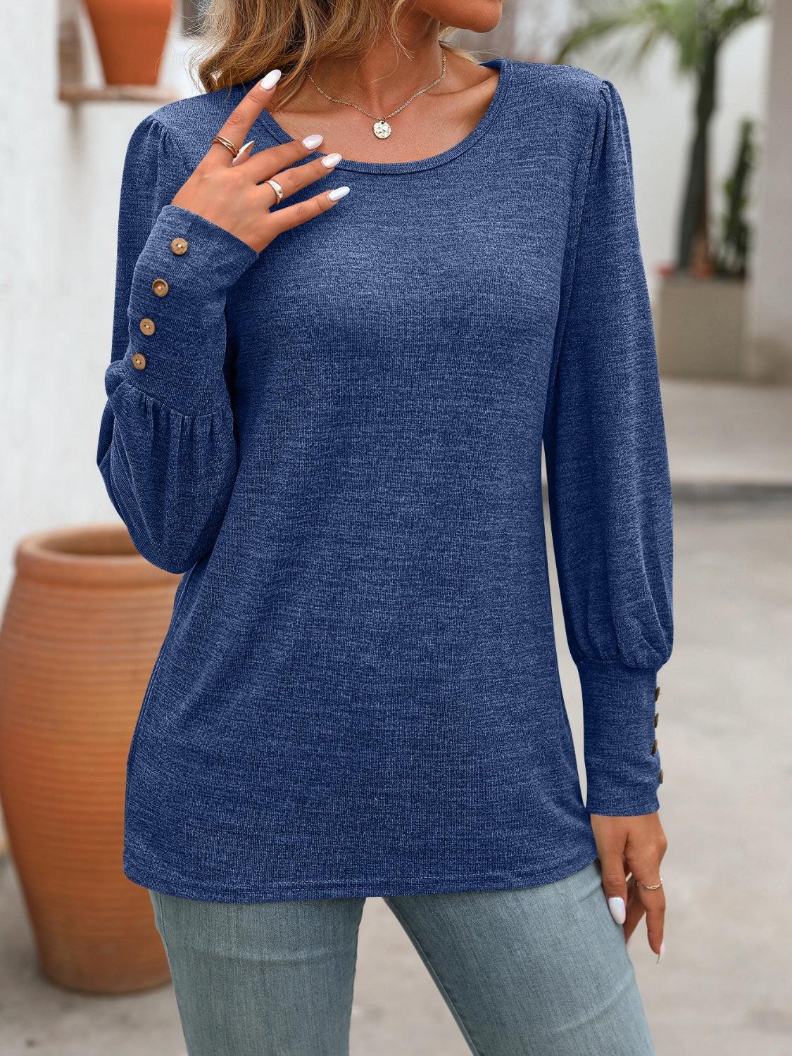 Decorative Button Round Neck Long Sleeve T-Shirt - Bona Fide Fashion