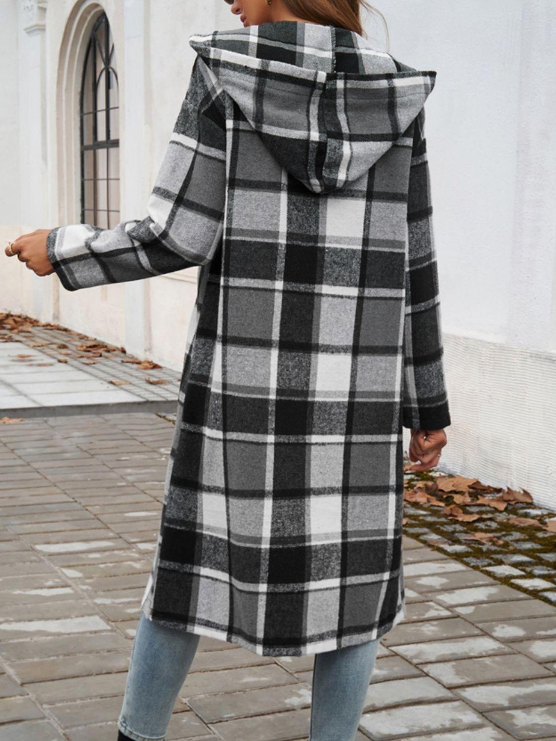 Devine Plaid Long Sleeve Hooded Coat - Bona Fide Fashion