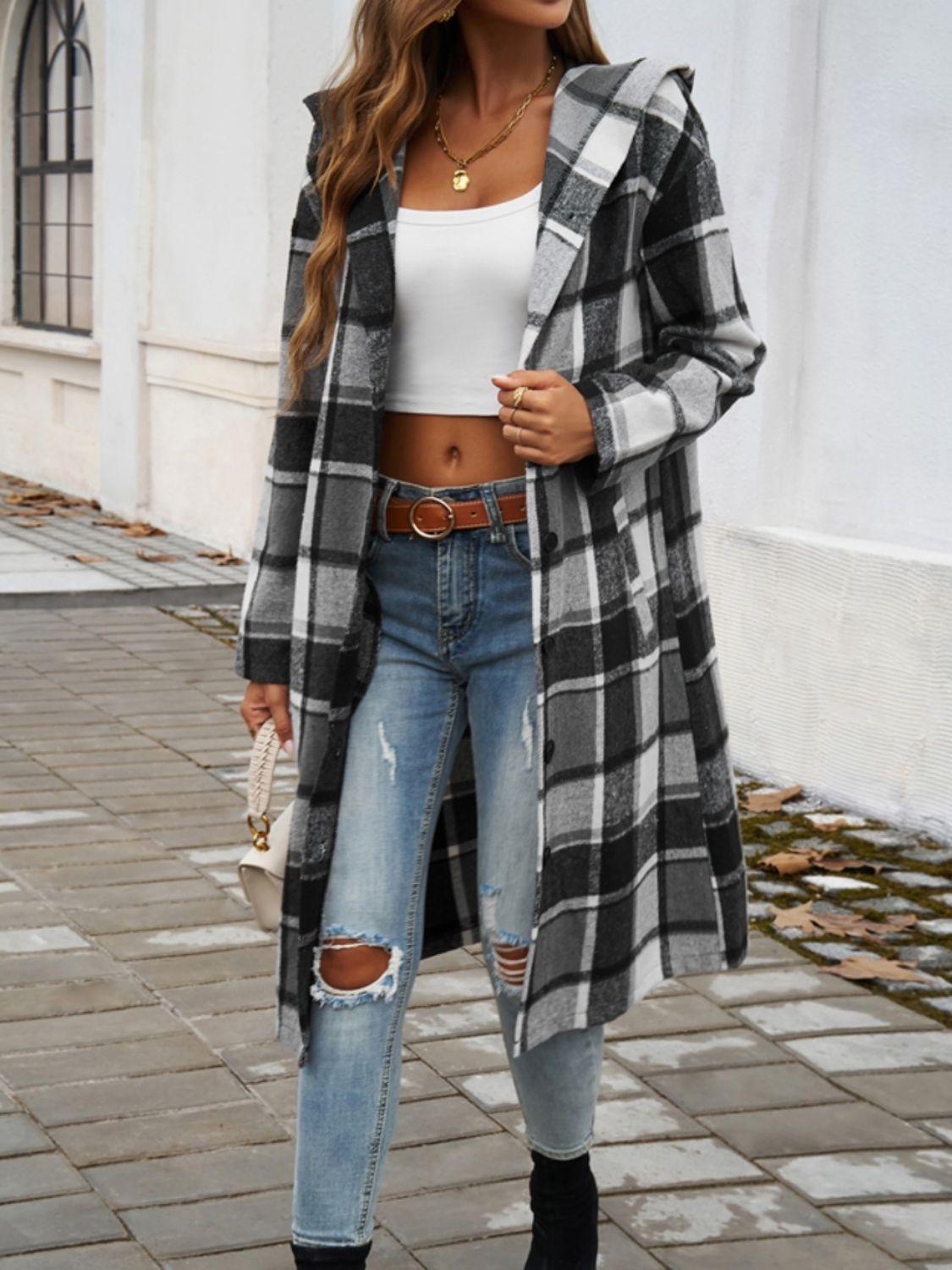 Devine Plaid Long Sleeve Hooded Coat - Bona Fide Fashion