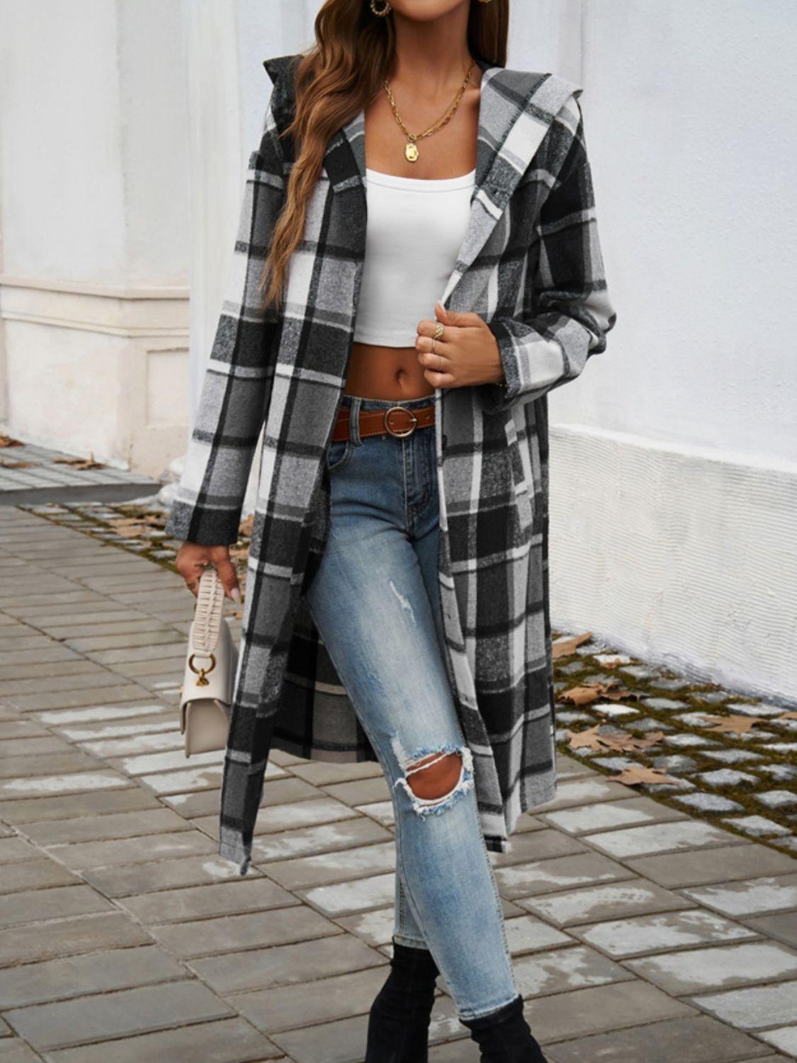 Devine Plaid Long Sleeve Hooded Coat - Bona Fide Fashion