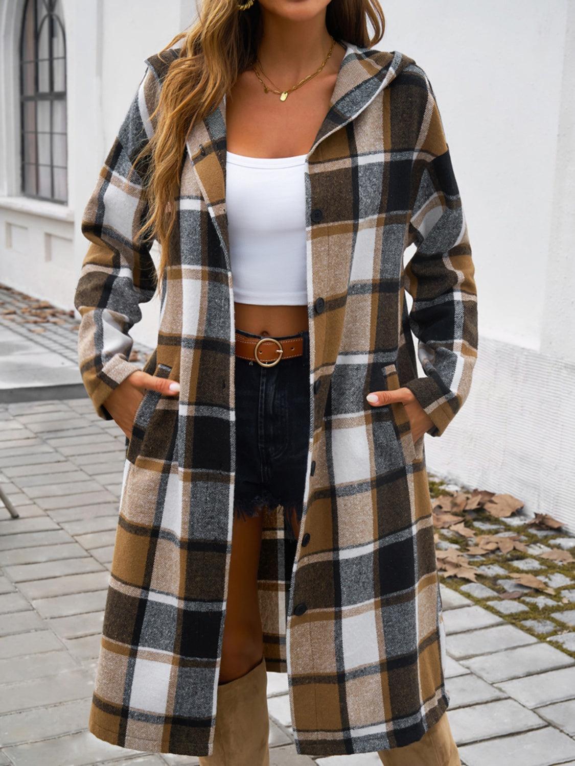 Devine Plaid Long Sleeve Hooded Coat - Bona Fide Fashion