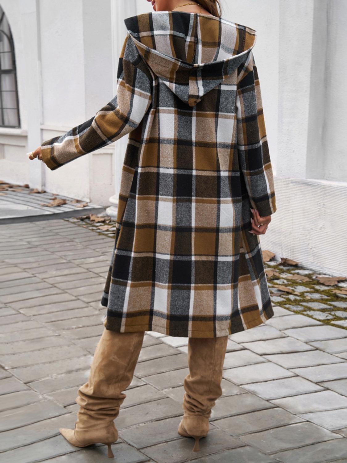 Devine Plaid Long Sleeve Hooded Coat - Bona Fide Fashion