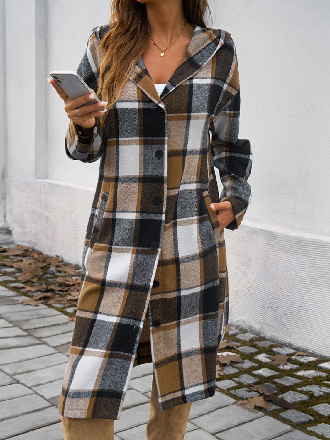 Devine Plaid Long Sleeve Hooded Coat - Bona Fide Fashion