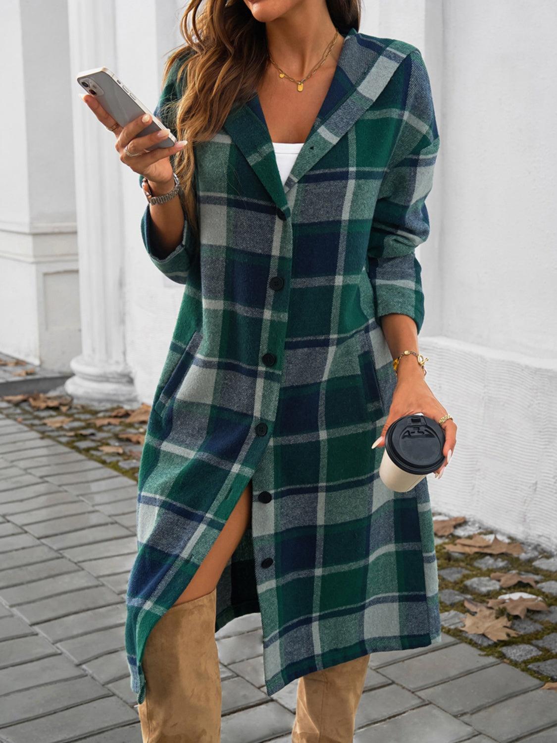 Devine Plaid Long Sleeve Hooded Coat - Bona Fide Fashion