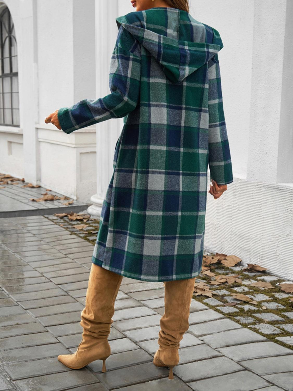 Devine Plaid Long Sleeve Hooded Coat - Bona Fide Fashion