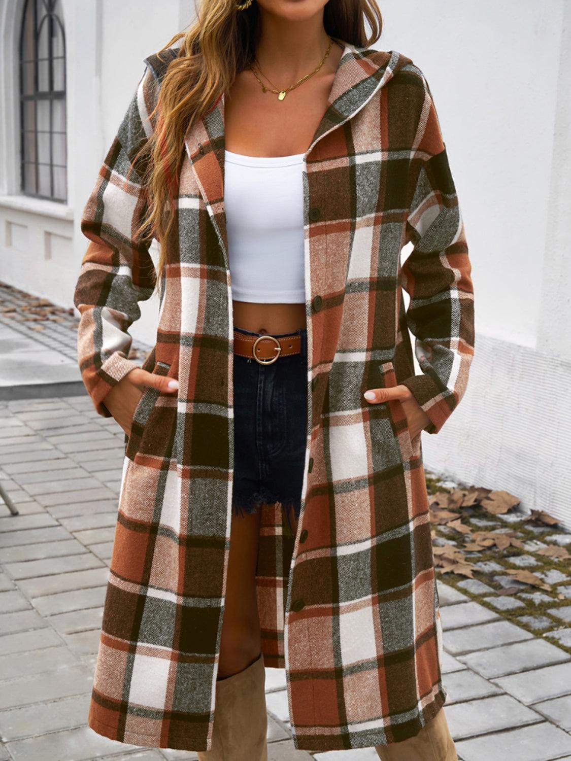 Devine Plaid Long Sleeve Hooded Coat - Bona Fide Fashion