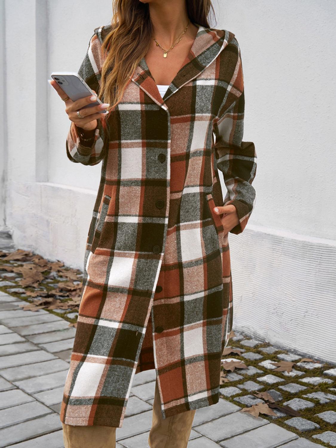 Devine Plaid Long Sleeve Hooded Coat - Bona Fide Fashion