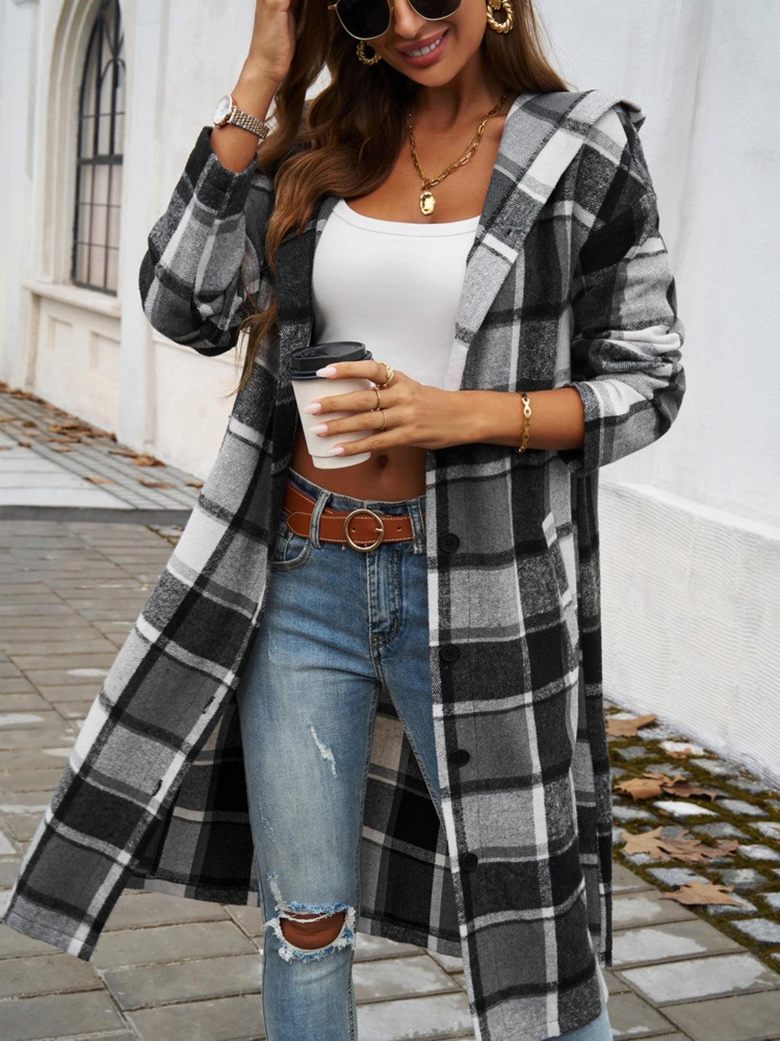 Devine Plaid Long Sleeve Hooded Coat - Bona Fide Fashion