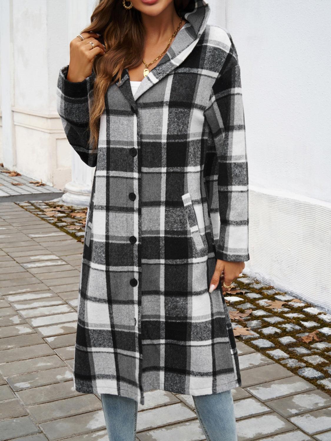 Devine Plaid Long Sleeve Hooded Coat - Bona Fide Fashion