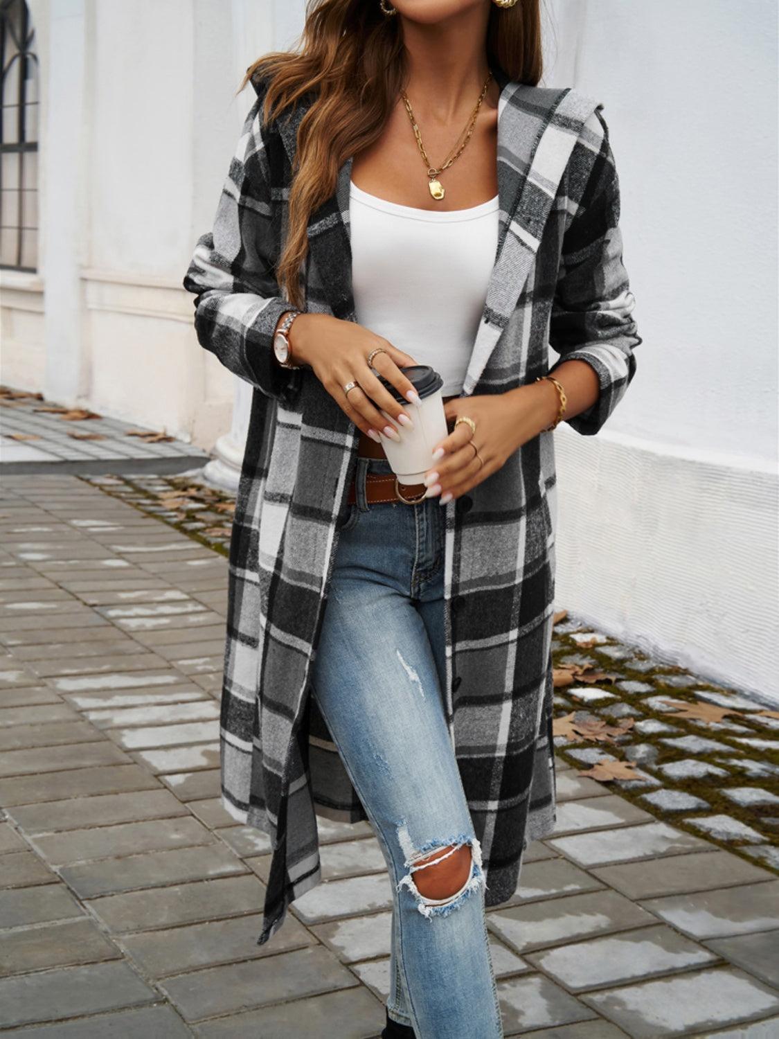 Devine Plaid Long Sleeve Hooded Coat - Bona Fide Fashion