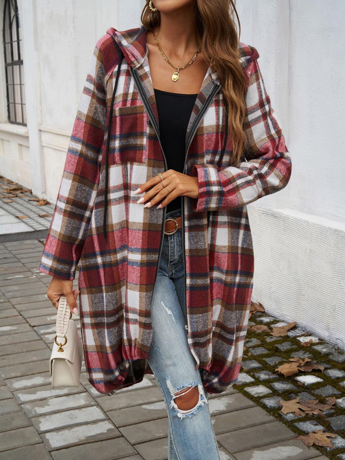 Devine Plaid Zip Up Hooded Coat - Bona Fide Fashion