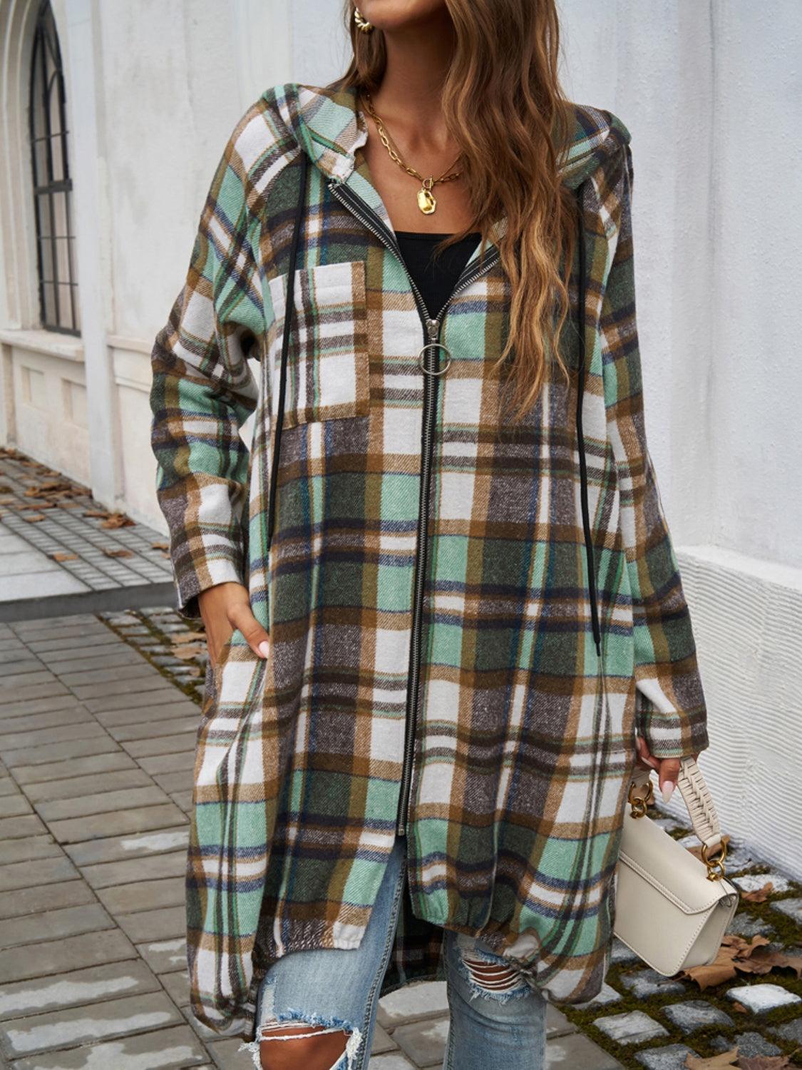 Devine Plaid Zip Up Hooded Coat - Bona Fide Fashion