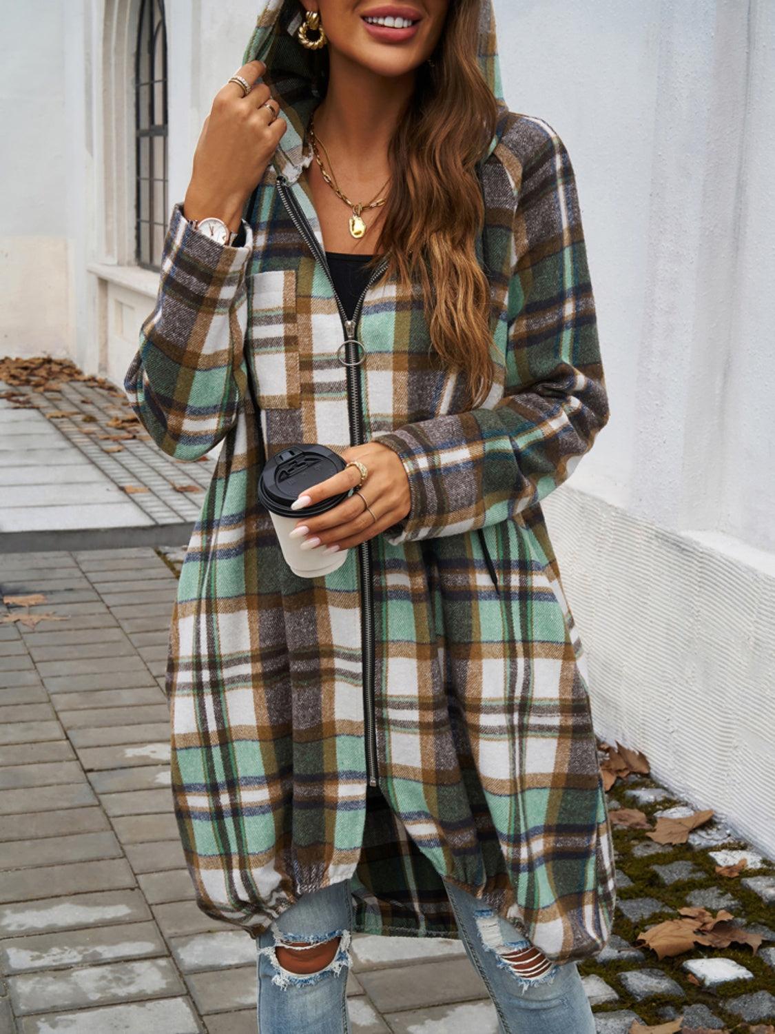 Devine Plaid Zip Up Hooded Coat - Bona Fide Fashion