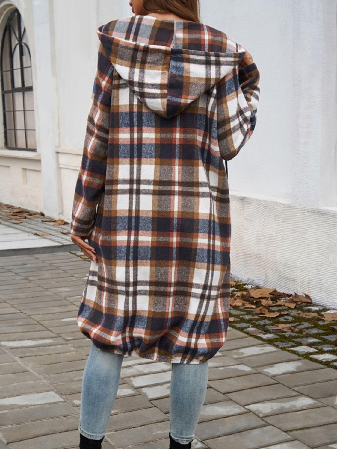 Devine Plaid Zip Up Hooded Coat - Bona Fide Fashion