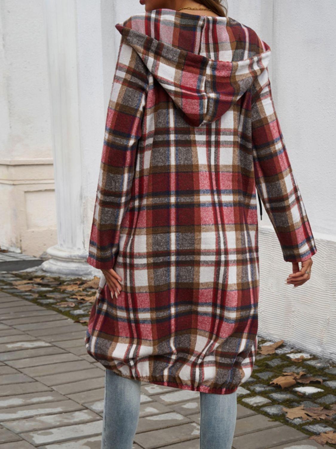 Devine Plaid Zip Up Hooded Coat - Bona Fide Fashion