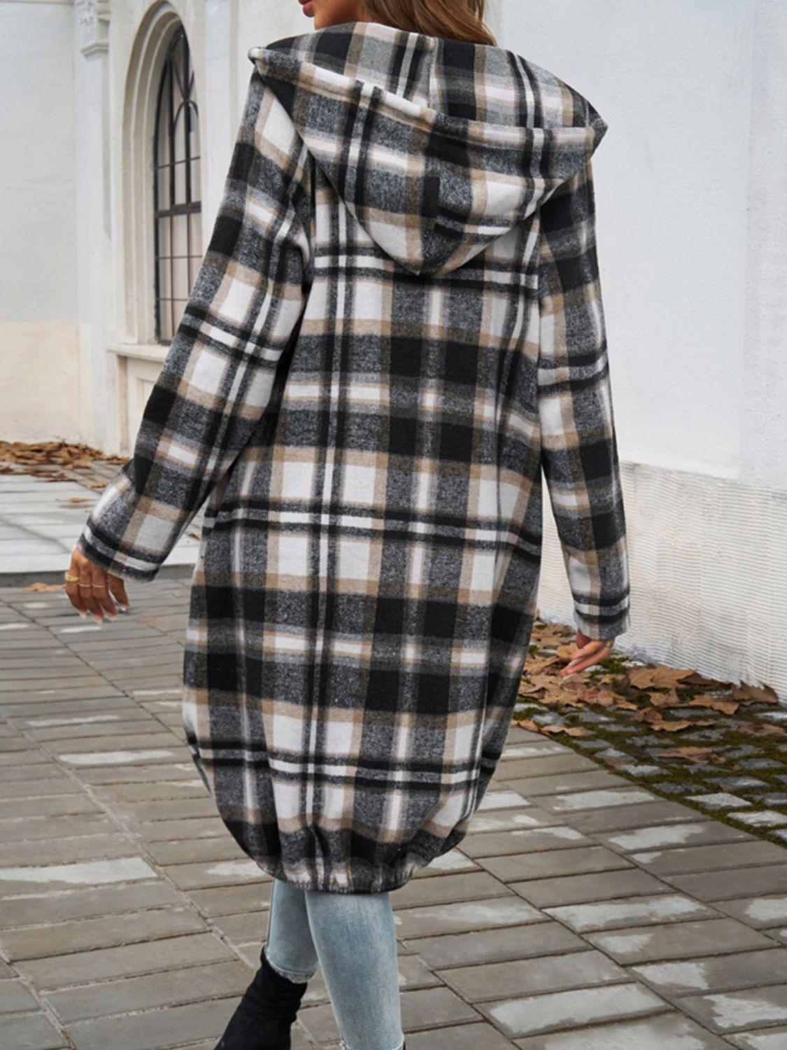 Devine Plaid Zip Up Hooded Coat - Bona Fide Fashion