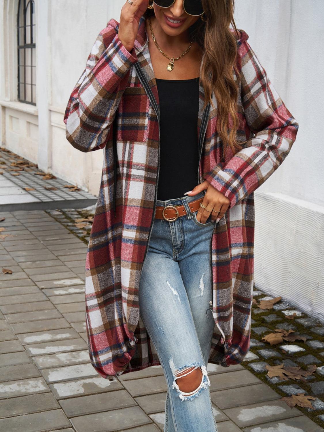 Devine Plaid Zip Up Hooded Coat - Bona Fide Fashion