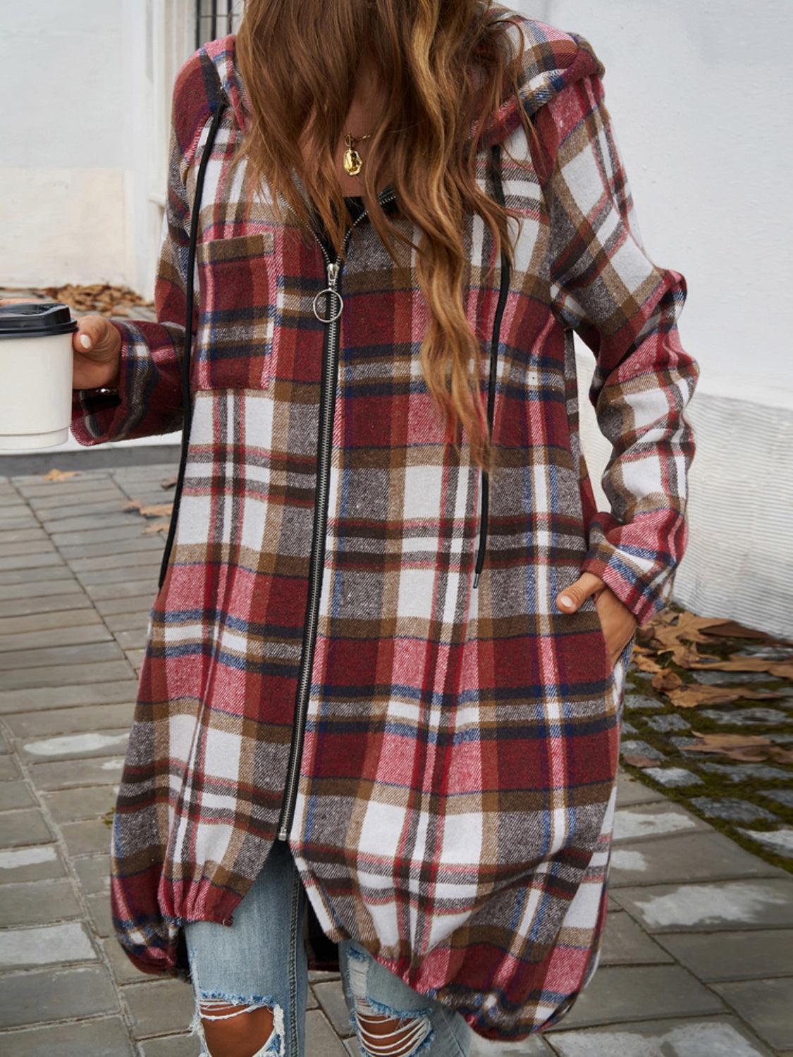 Devine Plaid Zip Up Hooded Coat - Bona Fide Fashion