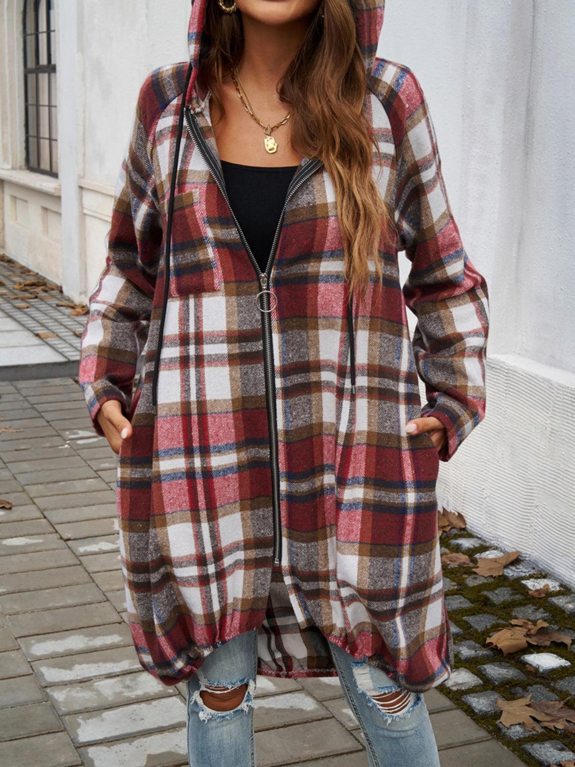 Devine Plaid Zip Up Hooded Coat - Bona Fide Fashion