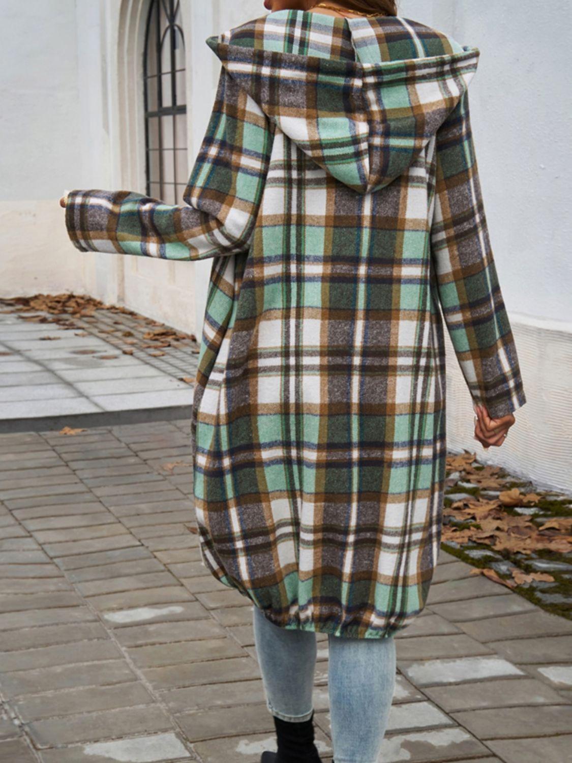 Devine Plaid Zip Up Hooded Coat - Bona Fide Fashion