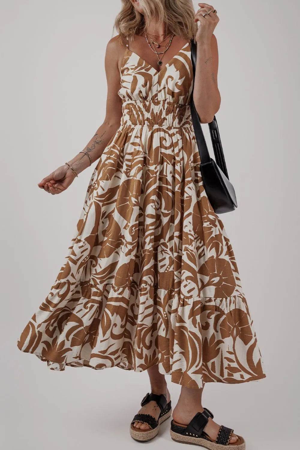 Floral Shirred High Waist Spaghetti Straps Dress - Bona Fide Fashion