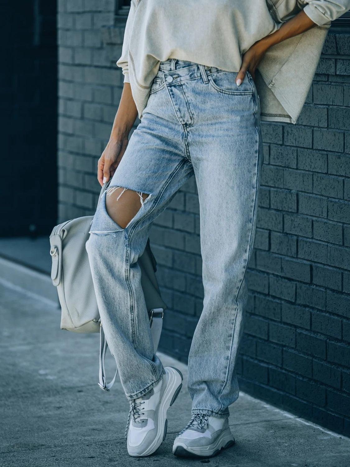 Distressed Asymmetric Waist Jeans - Bona Fide Fashion