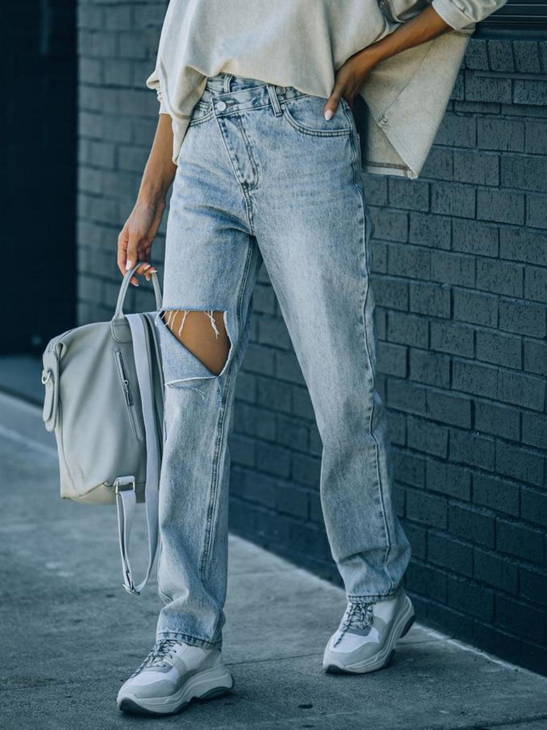 Distressed Asymmetric Waist Jeans - Bona Fide Fashion